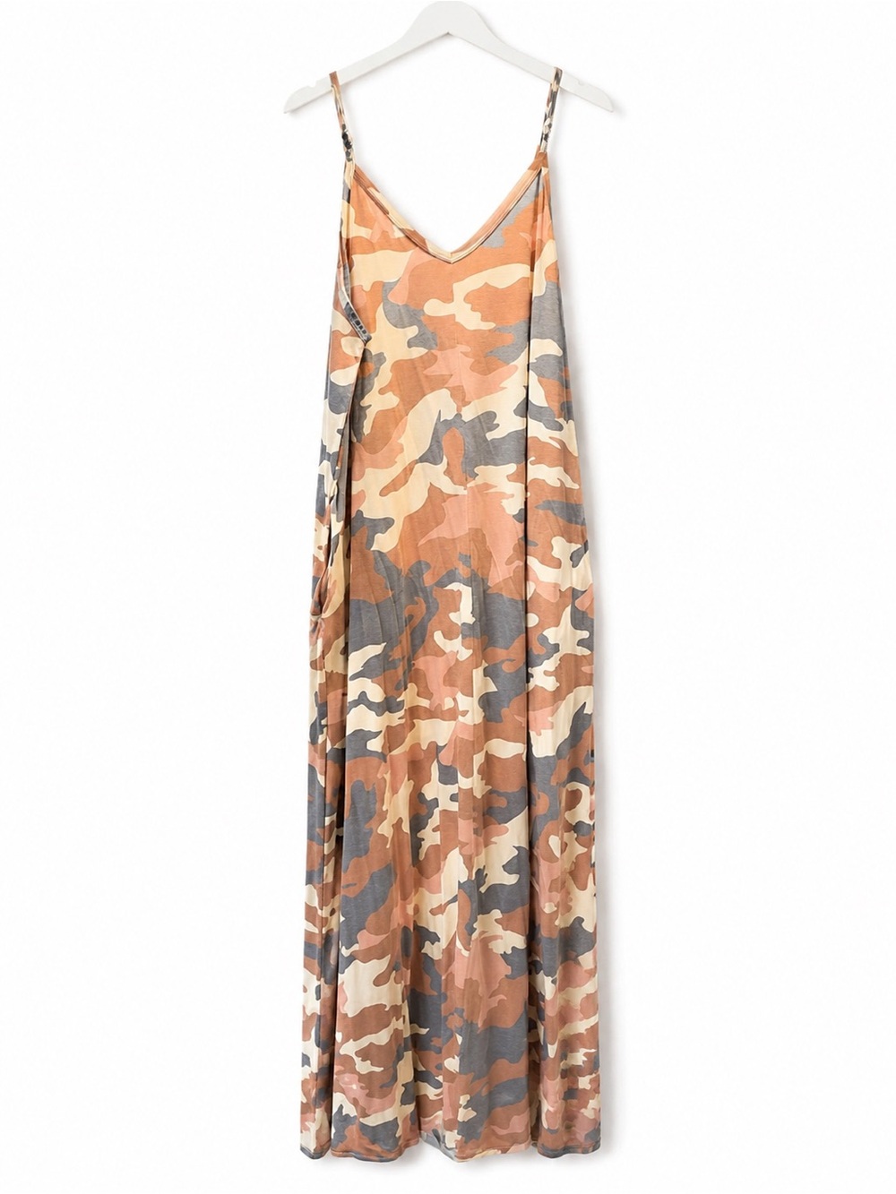 Zenana Camo Slip Maxi Dress in Tan, Cream and Gray
